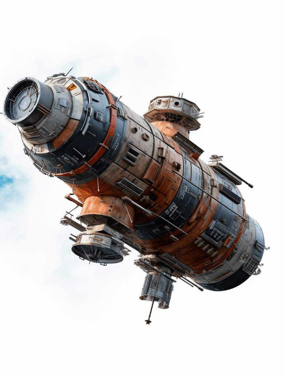 A floating space station in the style of steampunk with rusty metal and copper details against a white background in a vector art isometric view without shadows and with low detail, colorful and high resolution without text or symbols on the surface. No background. High quality, high definition.