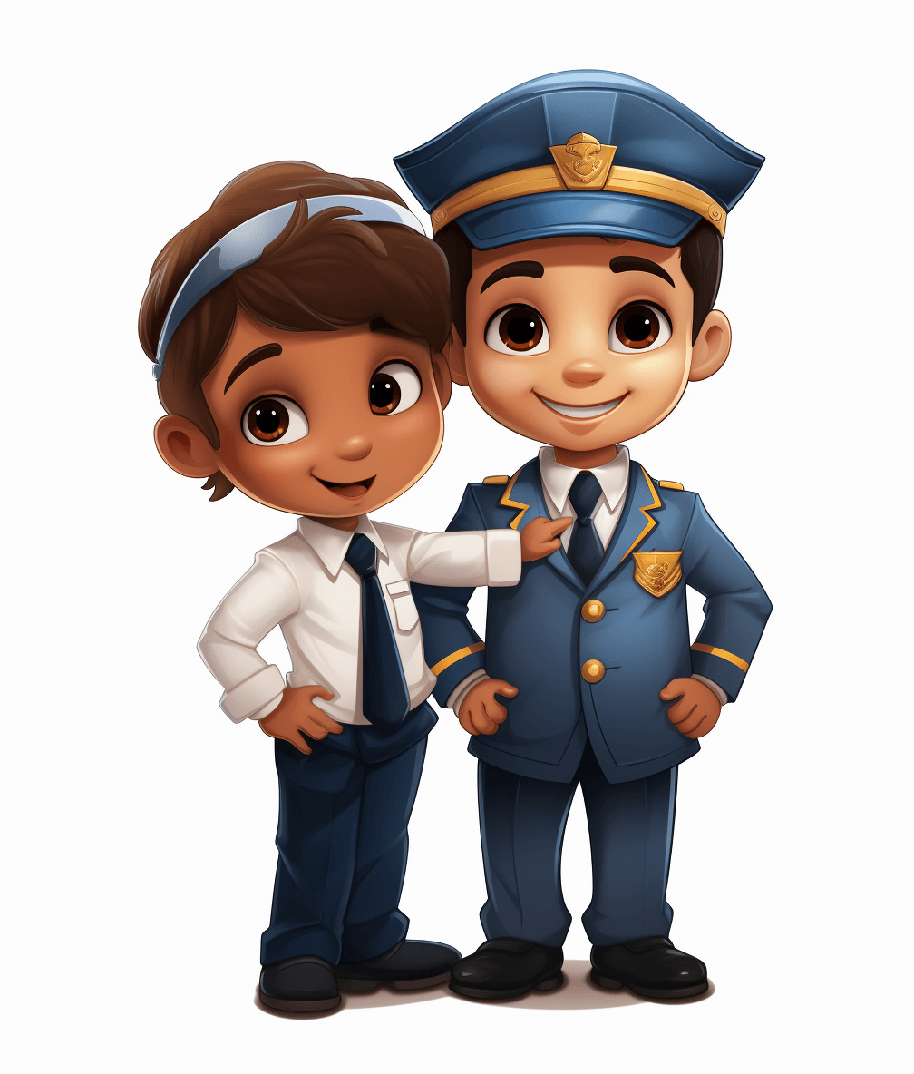 A cute little boy dressed in an airplane pilot uniform, with his arm around the head of another girl who is also wearing a blue police uniform and white shirt. They have dark skin color. In a cartoon style, this is a full body shot of the two subjects with a simple background. The photograph is high resolution, of professional studio quality with the subjects isolated on a pure transparent background. It has clean sharp focus with no text, letters, shadow, logo, borders or watermarks.