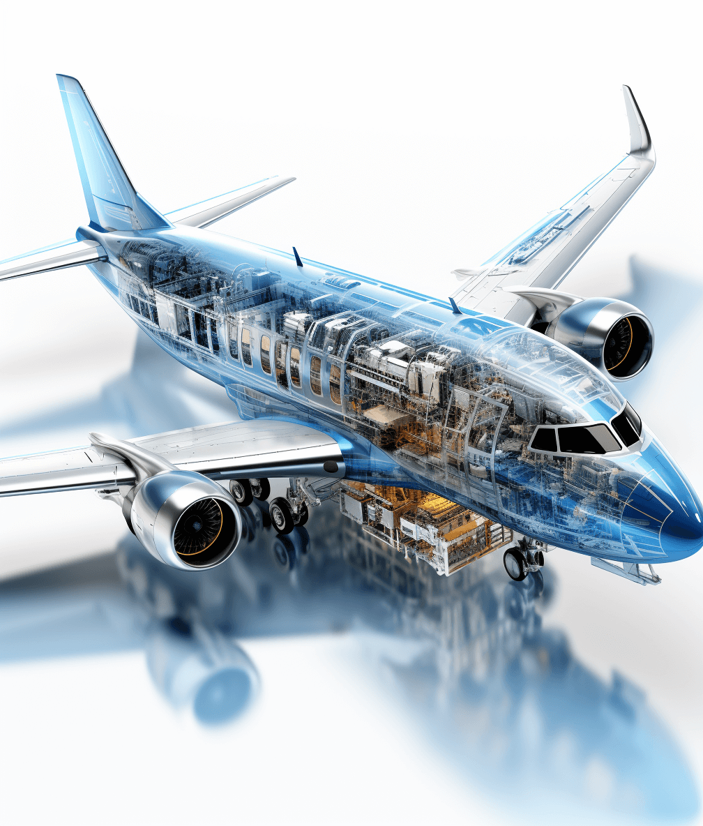 A transparent blue and white airplane cutaway diagram showing engine parts, with a small cargo box inside the plane placed on top. The background color has subtle reflections of light like glass. The whole picture gives people the impression that you can see everything under its skin. High resolution on a white background without shadows, it is a 3D rendering photographed professionally in the style of technical diagrams.