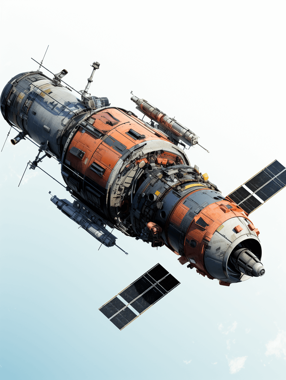 Soviet space station in the sky, in the realistic style, with bright colors, of high resolution, like a professional photograph, with super detailed.