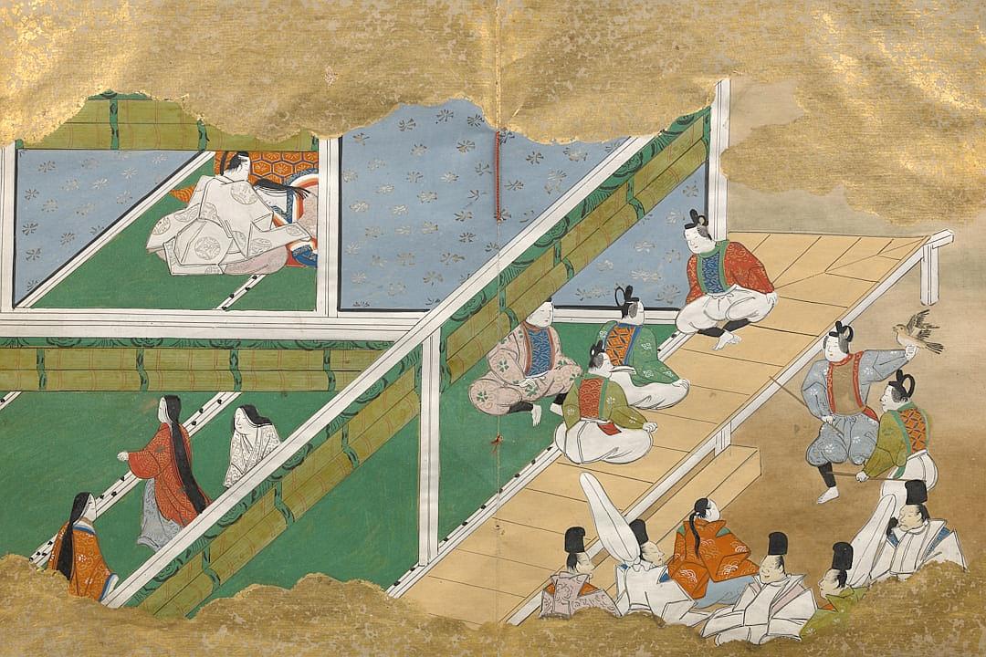 A painting depicting an Edo period scene with people playing Tengersen on green and white paper. The players sit in different rooms, each room featuring stairs leading to the next level up or down as if they were two story buildings. On one side is another player who stands at the bottom holding his feet off the ground like he’s ready for action, while other players hold out their hands to catch him when falling from the top level. The style of the painting suggests it was created in the style of an Edo period Japanese artist.