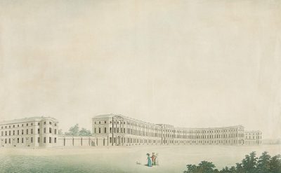a drawing of the old palace at versailles, with three story buildings and people walking in front of it, a white sky background, a watercolour painting by John Henry Henski