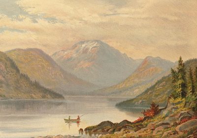 A vintage illustration of the remote and tranquil lake in Alakamo, with rugged mountains in the background, surrounded by dense forests, featuring two fishermen fishing from a boat at the water's edge, with soft pastel colors and delicate brushwork, reminiscent of mid-20th century American landscape paintings in the style of American landscape painters.