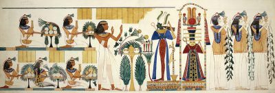 A detailed drawing of an ancient Egyptian wall painting depicting several people in various traditional , including one person wearing white and blue robes with red trim holding out their hands to show plants on display at the top left side of the screen. The background is plain cream-colored paper, with a single column behind each group. There is also another figure in black attire standing next to them. On either side, there are smaller figures dressed in vibrant costumes and surrounded by greenery. The drawing is in the style of an ancient Egyptian wall painting.