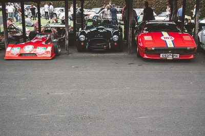An ultra realistic high resolution photograph shows two classic cars parked side by side at the large Fos Donegal Vintage festival in Ireland. The first car is a red Ford GT40 with a white and blue race livery on it. The second one has black paint with red racing stripes painted on it. The photo was taken from behind as if standing next to both vehicles looking out across people dancing under canopies. There is some grass and trees between these two cars. It's a sunny day and there are lots of crowds around.