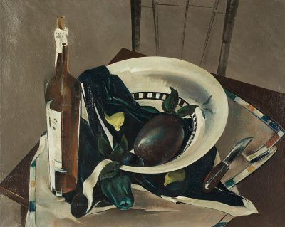 A still life of an eggplant in the style of [George Condo](https://goo.gl/search?artist%20George%20Condo), on a table cloth with a white bowl and knife, a bottle with a label, a black ribbon, a gray background, a brown wood floor, dark green leaves, a light blue fabric, in a cubist style.