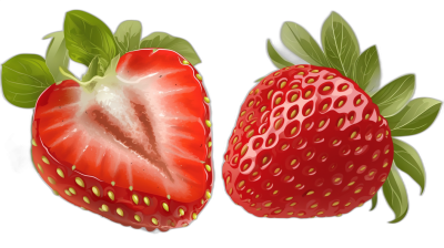 A realistic strawberry cut in half, vector illustration, colorful, on a black background, high resolution, very detailed and accurate, in the style of a professional photograph, high definition.