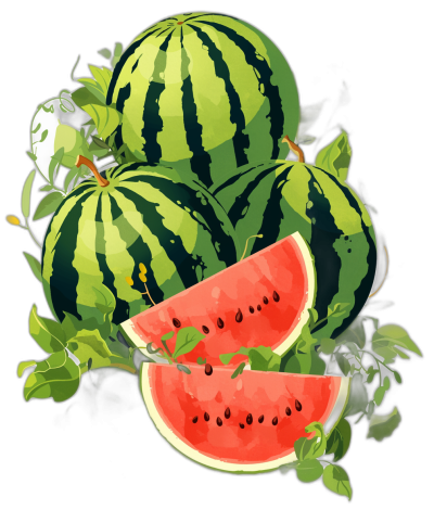 Vector style, whole watermelon with green leaves and half of a watermelon in front, clipart on a black background in the style of unknown artist.