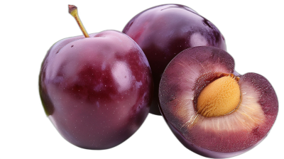 M Lupine Purple plums isolated on black background cut out of shape, hyper realistic photography