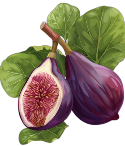 A realistic illustration of figs, whole and sliced with leaves on a black background, vector art in the style of [Thomas W Schaller](https://goo.gl/search?artist%20Thomas%20W%20Schaller), digital painting in the style of [Artgerm](https://goo.gl/search?artist%20Artgerm), high resolution