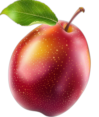 A realistic advertising apple illustration in the style of a vector graphic design on a black background, with detailed texture and lighting, showcasing the vibrant red color of a juicy delicious shiny fresh mango fruit with yellow dots and a green leaf, at a high resolution.