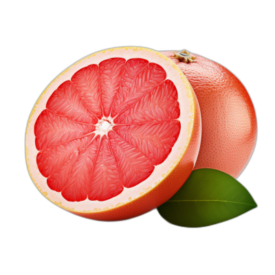 A cut grapefruit with half of the pulp showing, with green leaves on its side, isolated against black background. The grapefruits should have a vibrant red color and look fresh and juicy. This design is suitable for advertising or packaging use to highlight grapefrut’s natural beauty and sweet flavor. It could be used as an icon in product promotional materials or visuals.