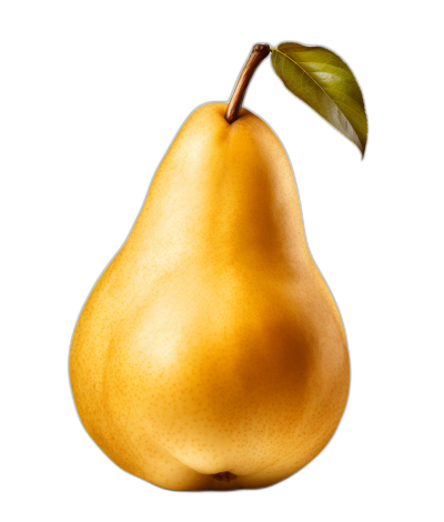 A yellow pear with leaves on the top, on a solid black background, in a high resolution photographic style, with professional color grading, soft shadows, minimal contrast, and clean sharp focus in the digital art illustration style.