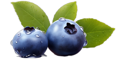 two realistic blueberries with green leaves, water drops on the berries, isolated black background, digital art by Pixar, 3d render in blender, super detailed