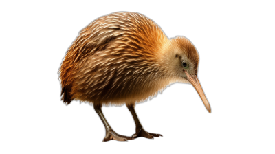 a full body photograph of an brown kiwi bird isolated on black background, high resolution photography