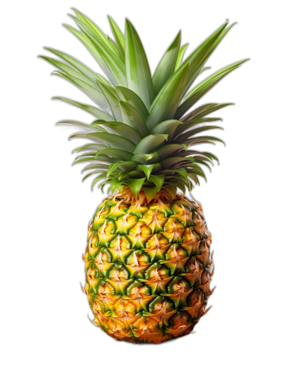 A pineapple, floating in the air, isolated on black background, with its green leaves shining brightly. The whole body of it is clearly visible, with clear details and high definition photography style. It has a vibrant color scheme that adds contrast to its yellow skin and deep blue fruit texture. High resolution photography, ultrahighdefinition images, fullbody photos, natural light, professional studio lighting, wideangle lenses, frontal perspective, highresolution.