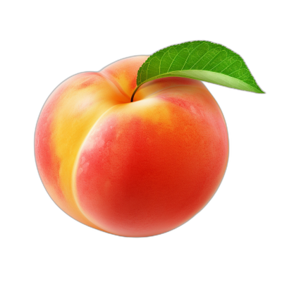 Peach, fruit icon design with leaf on black background, realistic photo, high resolution, professional photograph, higly detailed and sharp focus, no contrast