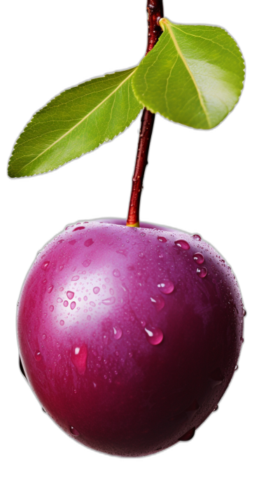 A realistic photo of an entire plum with water droplets hanging on the stem, isolated against a black background, in a vertical format. The fruit is purple in color, large in size, and has green leaves at its top. It is positioned to one side, creating space for text or other elements on both sides. Water drops add texture and depth to the scene. This composition creates a visually appealing display that highlights the natural beauty of plums, in the style of realistic fruit photography.