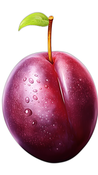 A realistic plum, vector illustration with black background. The whole body of the apple is visible and detailed. It has a glossy texture and looks very delicious. There's water droplets on it. A green leaf sticks out from under one side of its stem.