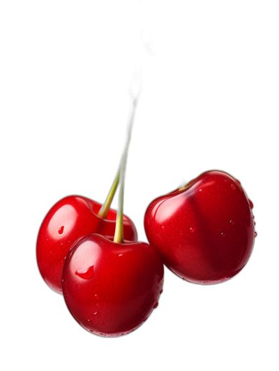 Three fresh red cherries, a closeup of cherries on a black background, a high resolution photograph, with insanely detailed and intricate fine details, isolated plain, in the style of stock photo