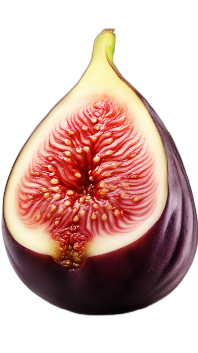 A beautiful close up photo of half fig fruit, isolated on a black background, in high resolution photography. The photo is in the style of high resolution photography.