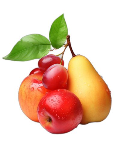 3 fruits, an apple with red color and water drops on it, next to the cherry fruit surrounded yellow and green leaves and next is a pear against a black background, high resolution.
