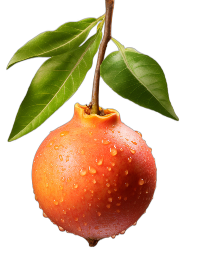 A single pomegranate hanging from the branch with water droplets on it, with green leaves behind and a black background. High resolution photography in the style of Whitefish Studio. The fruit is orange red and has a rough skin texture. It's hanging upside down. A full body shot.