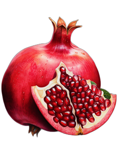 A realistic pomegranate with half open, detailed illustration, high resolution digital art, in the style of oil painting, black background, high contrast