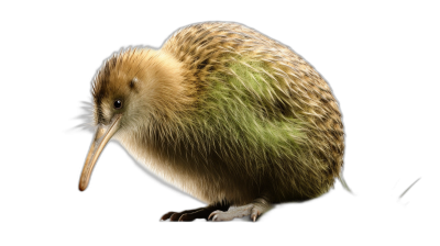 A photograph of an kiwi bird with green and brown feathers, isolated on black background, soft lighting, high resolution photography, insanely detailed, fine details, stock photo, professional color grading
