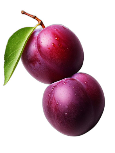 Two fresh plums, with water droplets on them and leaves hanging from the side of their bodies, have a black background. The two fruits show off their deep purple color and glossy texture. They look very delicious in high definition photography. High resolution. Aerial view. Studio lighting illuminates the scene, highlighting details.