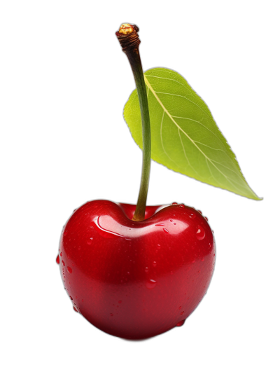 A cherry with green leaf, water droplets on the red fruit, isolated black background, high resolution photography, high quality, high definition, high detail, high contrast