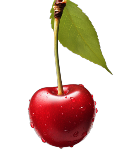 A cherry with water droplets on it, hanging from the stem of its leaf and isolated against a black background. The cherry is red in color and has a round shape, with small green leaves attached to one side. There are no other elements or objects around it to focus just on the cherry. It looks fresh and juicy, perfect as an icon or element. High resolution photography in the style of nature photography.