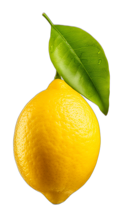 A vibrant yellow lemon with its leaf hanging from the top, isolated on black background, high resolution photography