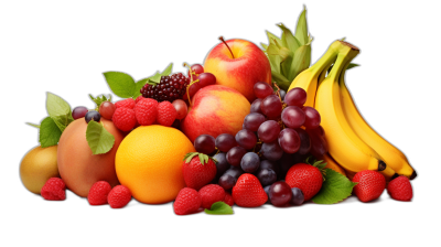 A pile of fresh fruits, including apples, bananas and grapes on a black background. The composition is symmetrical with the fruit arranged in layers from top to bottom. Each type has its own color, creating an attractive visual effect. A variety of other fruits such as strawberries or oranges can be added for balance and diversity. This image conveys freshness and vitality, making it suitable for advertising, social media posts, food packaging or any content that emphasizes naturalness and healthiness. The style of the image is reminiscent of still life paintings.