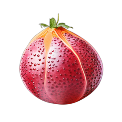 A hyperrealistic digital illustration of an eggplant shaped like a strawberry, with the skin resembling fine pink mesh and tiny dots, the bottom part is solid red, with orange peel on top, isolated against black background, high resolution photography