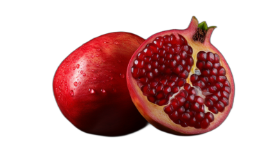 Pomegranate cut in half isolated on a black background, hyper realistic photography in the style of professional color grading, soft shadows, no contrast, clean sharp focus digital illustration