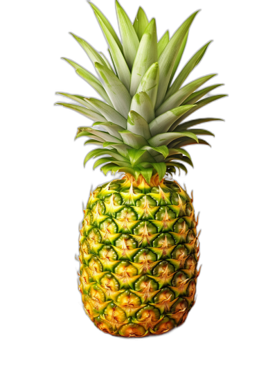 A pineapple floating in the air, against black background, studio photography, closeup, vibrant colors, sharp focus, high resolution, HDR, professional photograph, studio lighting, natural light, high detail, high quality