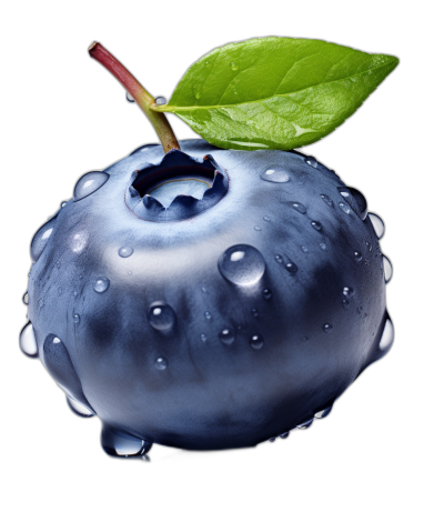 A realistic photo of a juicy blueberry with water droplets on it, with a leaf in place and a black background. High resolution, high detail, sharp focus, studio photography. The overall composition should convey depth and realism, highlighting the vibrant colors and textures typical for such fruits.