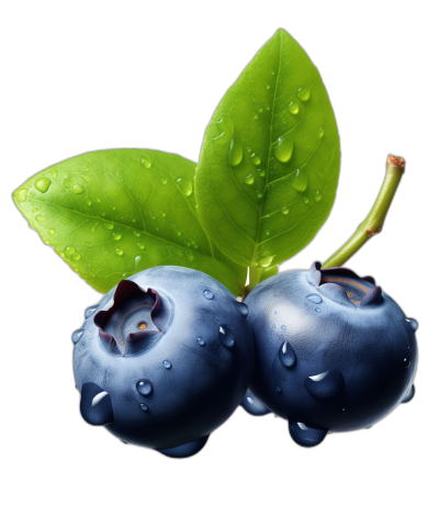 blueberry with leaves and water drops, realistic high resolution stock photo, black background