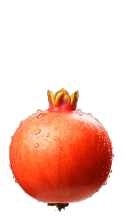A pomegranate with water droplets on it, isolated against a black background, in a high resolution photographic style, a high quality photo realistic image.