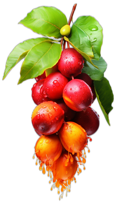 A bunch of red and orange sweetened plums hanging from the branch, with water droplets on them and green leaves against a black background, in the style of super realistic photo style, with high resolution photography and high detail, hyper quality.