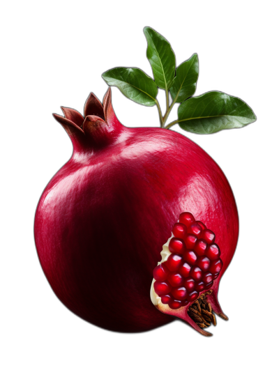 A pomegranate with leaves on the top, isolated black background, high resolution photography