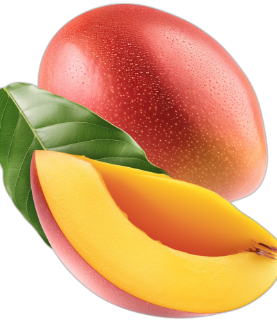 mango with green leaves, vector illustration on black background, closeup, high resolution, very detailed, hyper realistic, cut in half mango with juicy pink color and yellow pulp, juicy texture, juicy surface of the fruit with drops of water, green leaf on top of it, tropical fruits design, high detail, hyper quality, realistic
