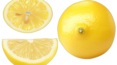 A lemon cut in half, lemon whole and other lemon elements on black background, photorealistic, high resolution, very detailed,