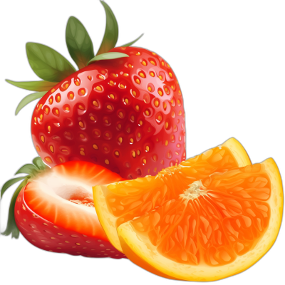 A strawberry and an orange cut in half, with the texture of realistic illustration and bright colors against a black background at high resolution. The focus is on strawberries and oranges with closeup shots that highlight their details. It features soft lighting, natural shadows, and has strong color contrast, in the style of realistic illustration.