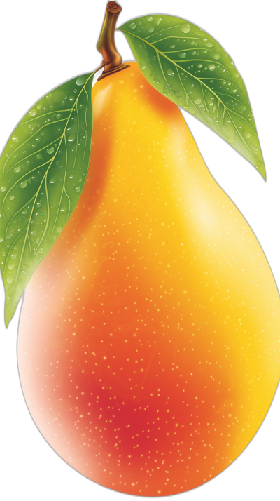 A realistic illustration of an orange and yellow pear with green leaves on top, vector style, clipart, black background, hd