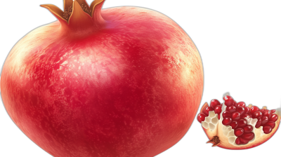 A realistic pomegranate with the top and bottom cut off, on a solid black background, and an illustration of one slice next to it. The whole is depicted in the style of hyperrealistic.