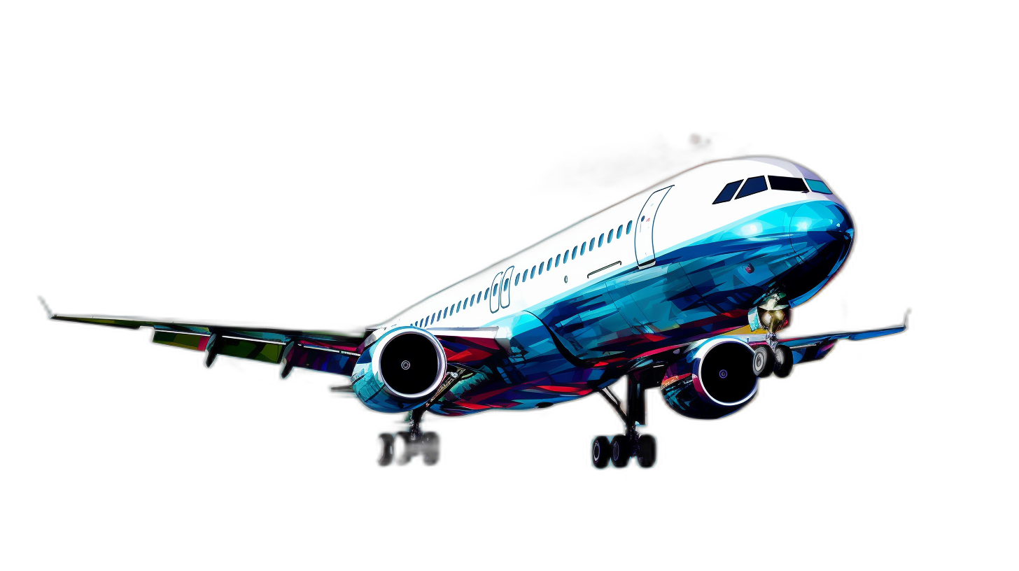 3D render of a white and blue airplane flying on a black background, in the colorful painting style of airbrush art with a photorealistic hyperbolic effect.