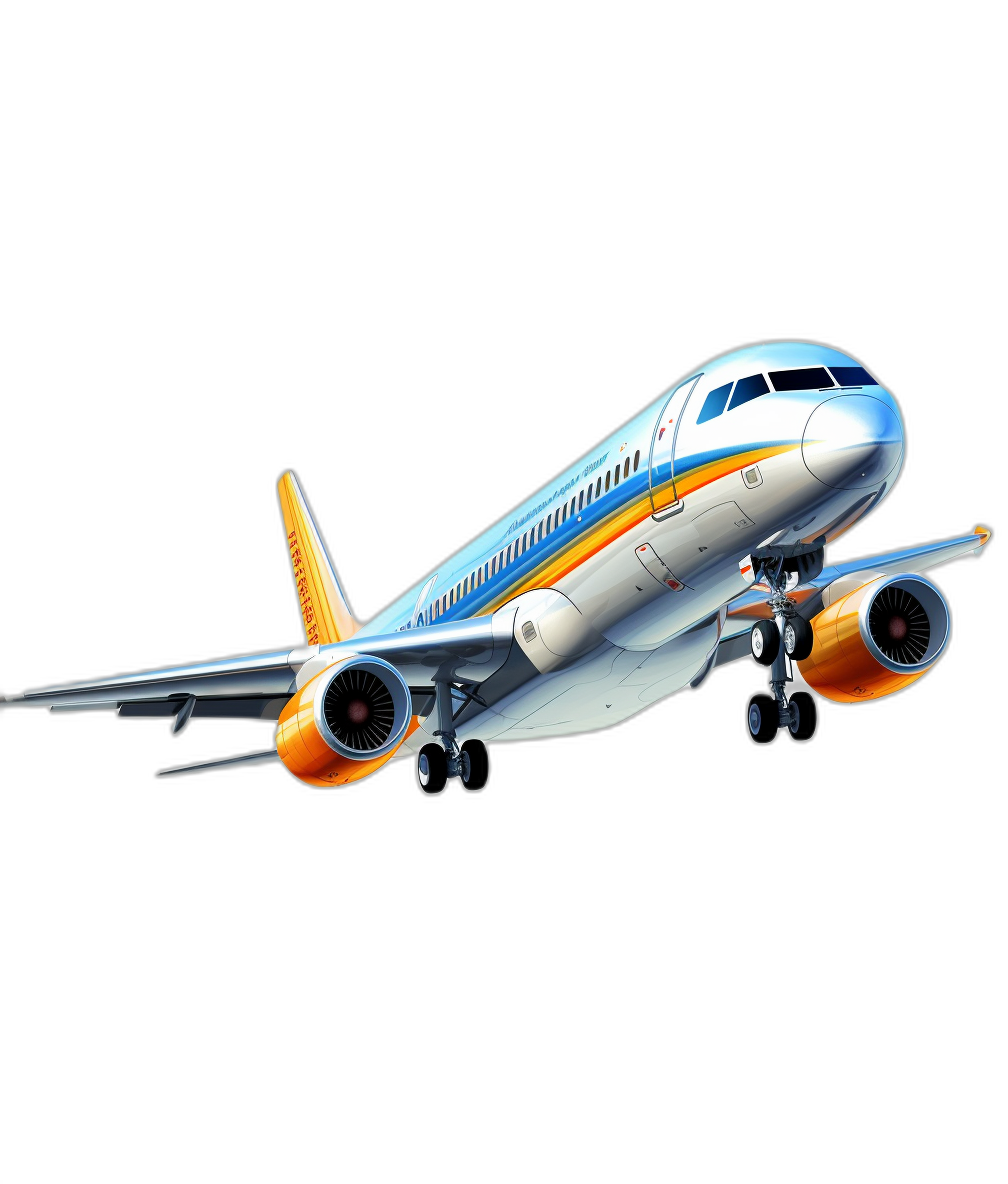 A realistic airplane with an orange and blue stripe, white body, and orange engine against a black background. The illustration is in the vector style with simple lines and a cartoon character design. It is a high resolution image without shadowing or gradient shading.