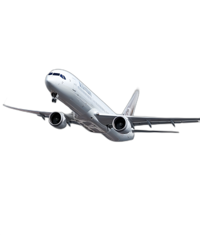 A white passenger plane flying in the air against a pure black background. The high resolution photography shows high quality details with super realistic rendering in an ultrahigh definition image. The high-angle view was shot at a high angle. The aircraft is centered and located at an elevated position on one side.